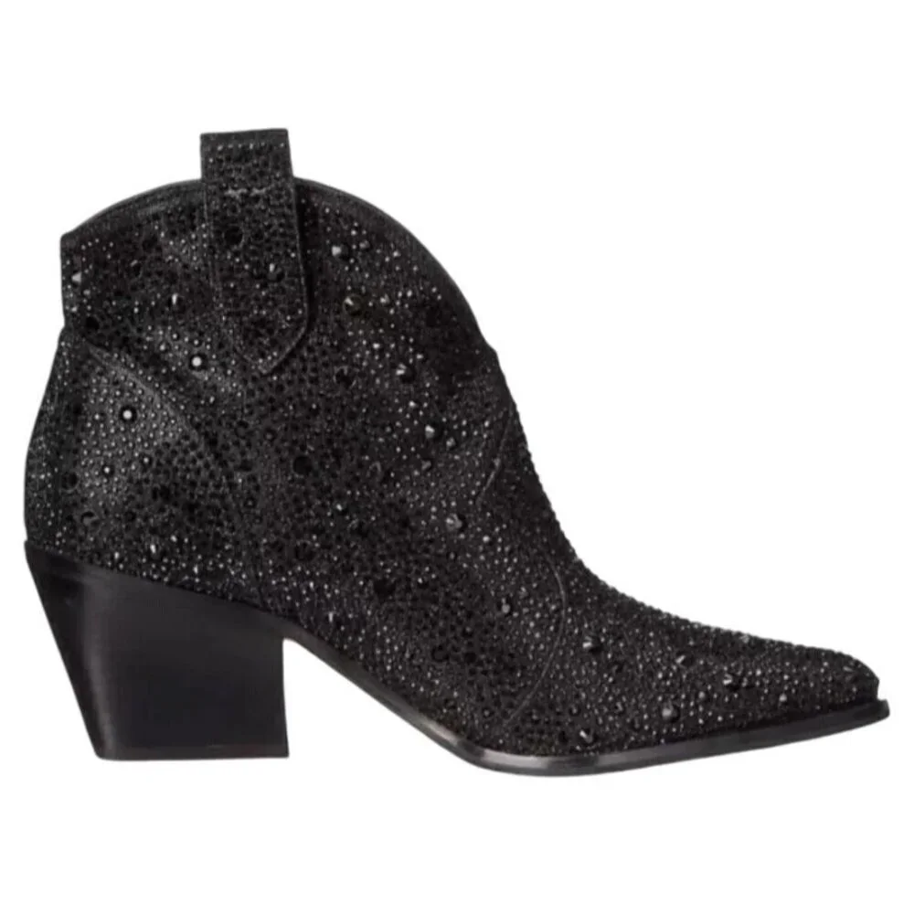 JESSICA SIMPSON / Black / Glittered / Ankle / Boots With Block Heel And Pull Tab